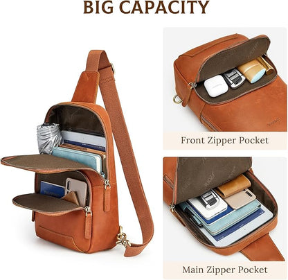 S-ZONE Sling Bag for Men Women RFID Blocking Genuine Leather Crossbody Shoulder Bag Backpack Hiking Daypack Travel | RFID Blocking, Genuine Leather, Hiking Daypack, Travel