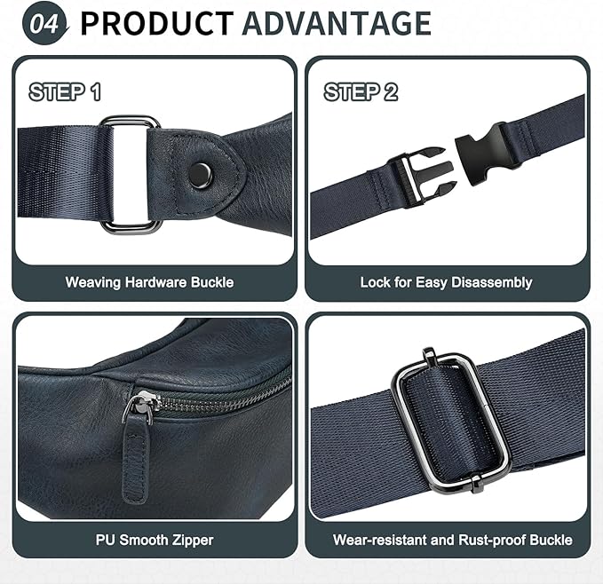 Faux Leather Belt Bag for Men, Crossbody Sling Bag with Adjustable Strap, Back Zipper Pocket, Large Capacity Waist Pack for Travel, Work, Navy Blue
