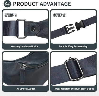 Faux Leather Belt Bag for Men, Crossbody Sling Bag with Adjustable Strap, Back Zipper Pocket, Large Capacity Waist Pack for Travel, Work, Navy Blue