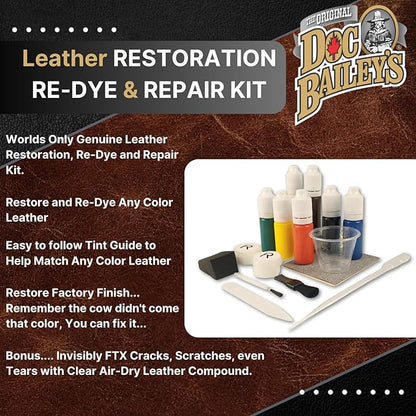 Doc Bailey’s Vinyl & Leather Restoration Re-Dye & Repair-A-Tear Kit - Easy, Effective, and Versatile Leather Repair Solution for Furniture, Jackets, Car Interiors and More
