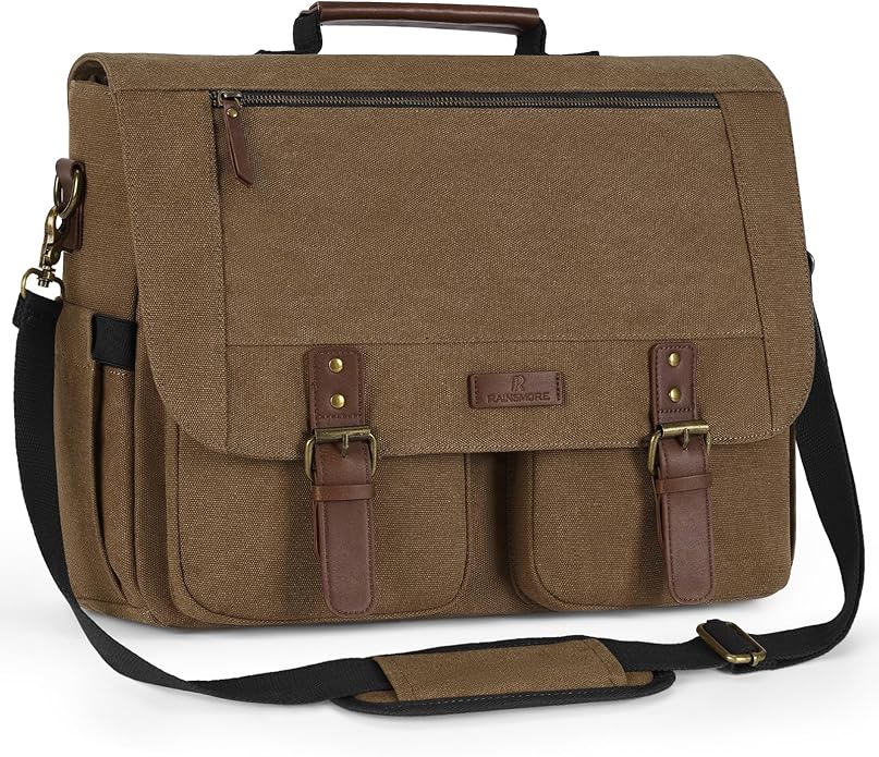 RAINSMORE Messenger Bag for Men, 15.6-17.3 inch Laptop Bag, Canvas Briefcase with Luggage Strap, Satchel for College Work