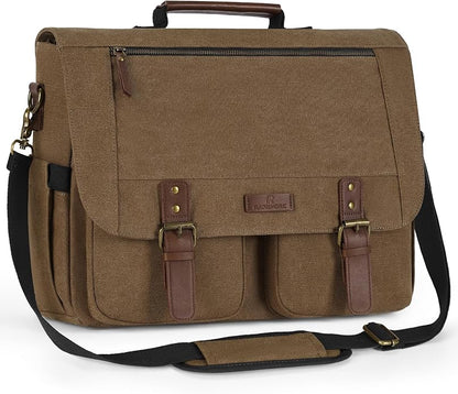 RAINSMORE Messenger Bag for Men, 15.6-17.3 inch Laptop Bag, Canvas Briefcase with Luggage Strap, Satchel for College Work