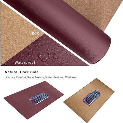 Mydours Dual-Sided Desk Pad, 40" x 20"Large Mouse mats Cork & PU Leather for Office and Home Work, Waterproof Desk Mats on The Top of Desks (Burgundy)