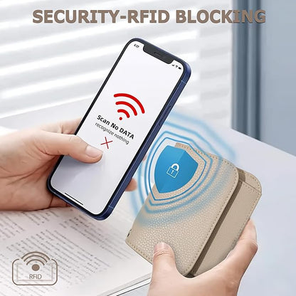 Women Small Wallet RFID Blocking Slim Wallet with Coin Pocket Tri-Fold Credit Card Holder with ID Window and Keychain (Khaki)