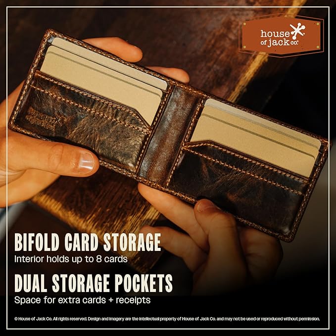 House of Jack Co. Ivor Bifold Money Clip Wallet for Men, Slim Front Pocket Wallet with Strong Magnetic Clip, Exterior ID Window, Full Grain Cowhide, Brown