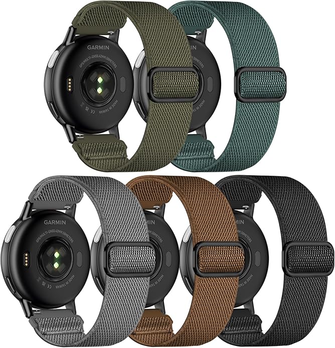 5 Pack Stretchy Nylon Watch Bands Compatible with Garmin Vivoactive 5/6/Forerunner 55/165,20mm Soft Elastic Fabric Adjustable Replacement Sport Straps for Garmin Venu Sq 2 Women Men