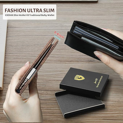 GSOIAX Slim Leather RFID Bifold Wallet for Men Minimalist Front Pocket Wallet with Money Clip,12 Card Slots,ID Window,Cool Groove Design,Includes Gift Box (Retro Brown)