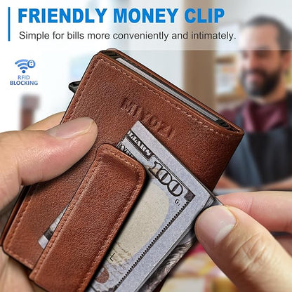 miyozi Wallet for Men, Magnetic Minimalist Slim Wallet with Pop Up Card Holder, 9 Cards RFID Blocking Metal Credit Card Case, Leather Wrapped Money Clip, ID Window & Small Item Slot, Gift Boxed