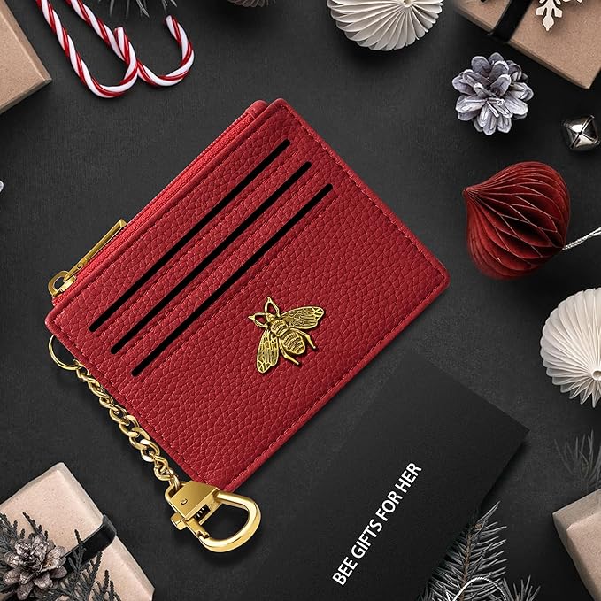SEAVILIA Card Holder Keychain Wallet for Women with ID Window RFID Blocking Coin Purse Bee Gifts Slim Minimalist Small PU Leather