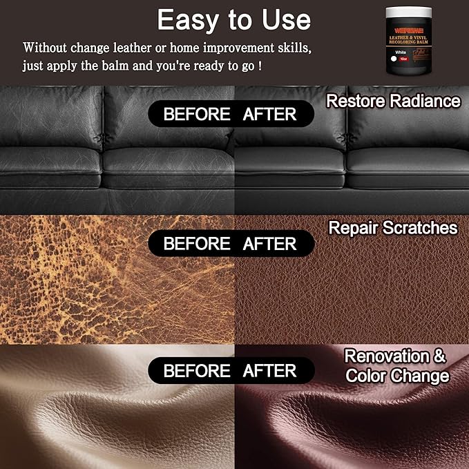 Leather Recoloring Balm & Color Restorer - 10OZ Multipurpose Dye & Paint for Faded Leather Couches, Car Seats, Shoes | Fix Scratches on Clothing, Furniture & Accessories(White)