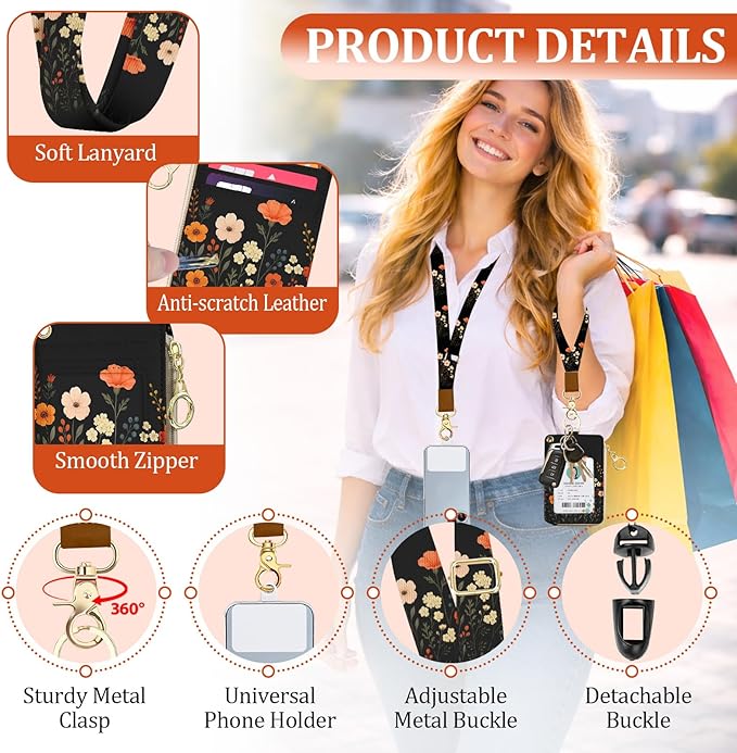 Floral Lanyard Wallet with ID Holder, PU ID Badge Holder with Lanyard, Zipper ID Case Card Holder for Women,RFID Adjustable Neck Lanyard Wrist Strap with Keychain for Teacher Work Office Gift