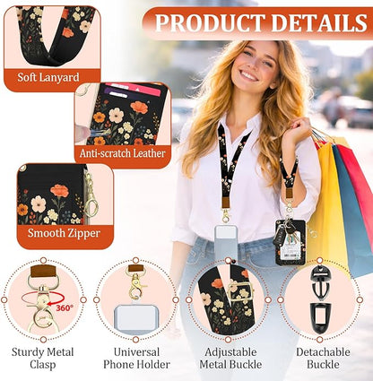 Floral Lanyard Wallet with ID Holder, PU ID Badge Holder with Lanyard, Zipper ID Case Card Holder for Women,RFID Adjustable Neck Lanyard Wrist Strap with Keychain for Teacher Work Office Gift