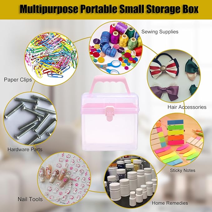 BTSKY Multipurpose Plastic Craft Storage Containers with Removable Tray, Clear Plastic Storage Box with Lid & Handle, Easy Carry & Stack Small Storage Container, 6.3x5.6x6.3 Inch, Square-Pink