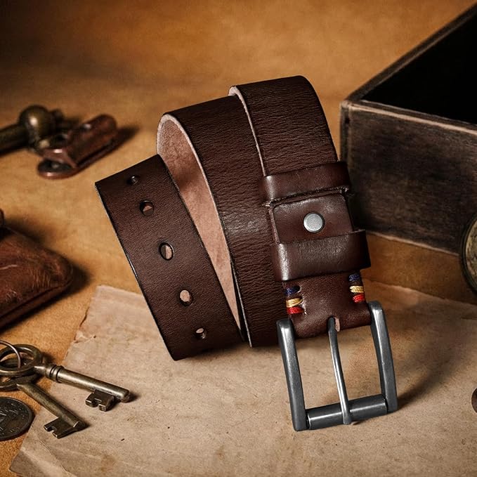 SANSTHS Mens Full Grain Cow Leather Belt Heavy Duty Work Belt Casual Every Day Belt for Jeans