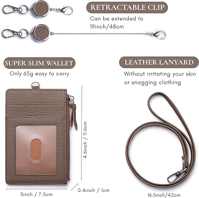 2-in-1 Leather ID Badge Holder with Wallet for Work, Multifunction ID Case with Credit Card Slots & Cash Coin Pocket, Slim Wallet with Lanyard for Women Men Nurse Teacher (Dark Hkaki)