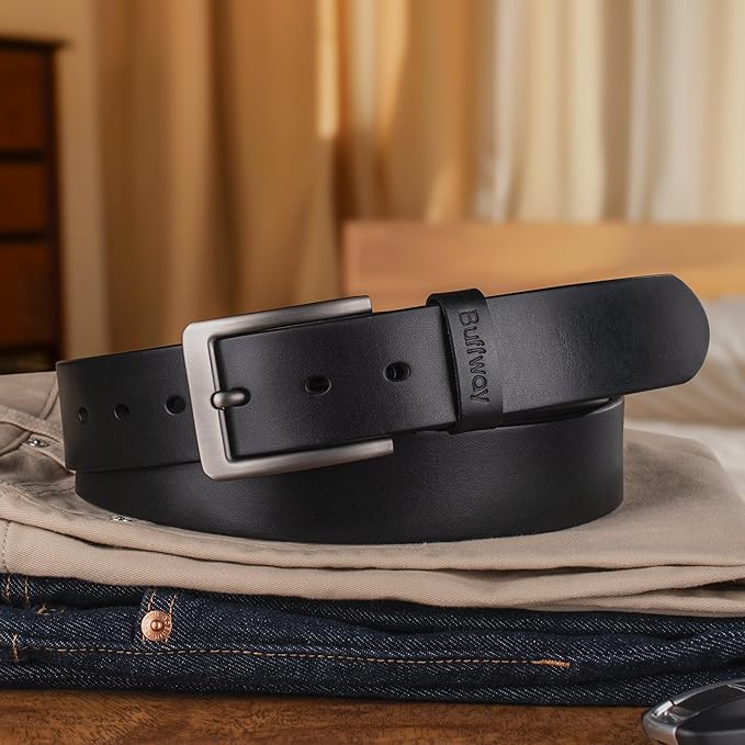 Buffway Men’s Full Grain Leather Belt – Solid One-Piece Leather, 1.5” Wide for Jeans & Business Casual, Gift Box Included
