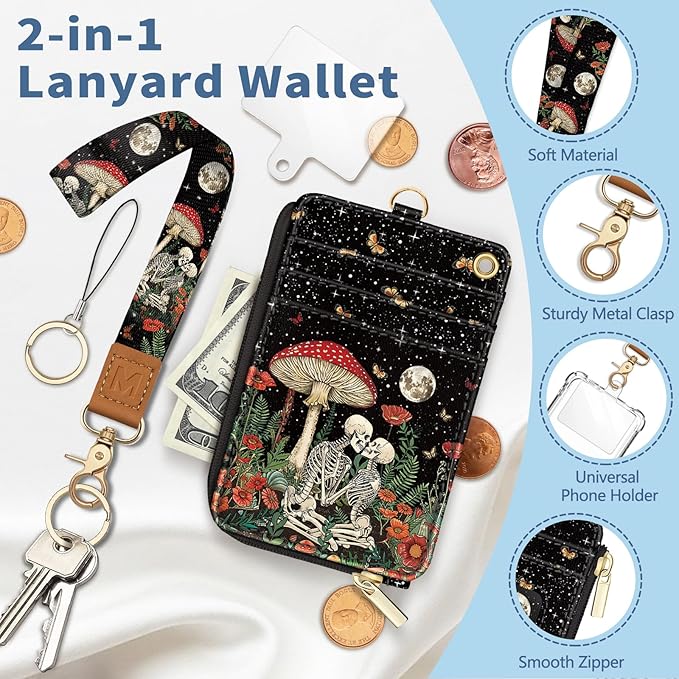 Lanyard Wallet with Id Badge Holder, Mushroom Skull RFID Small Keychain Wallet Women Wristlet, Funny Zipper Credit Card Holder Phone Wrist Neck Strap for Key Name Tag, Teacher Student Office