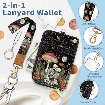 Lanyard Wallet with Id Badge Holder, Mushroom Skull RFID Small Keychain Wallet Women Wristlet, Funny Zipper Credit Card Holder Phone Wrist Neck Strap for Key Name Tag, Teacher Student Office