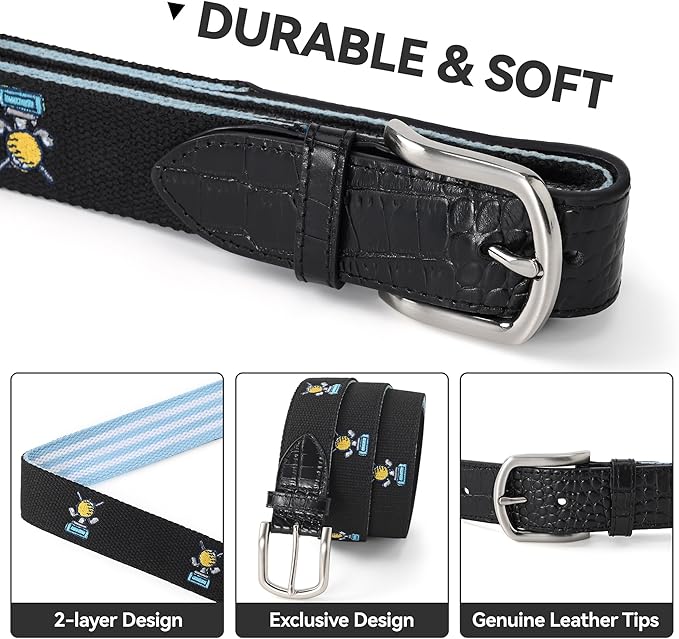 Mile High Life Golf Belts for Men, Canvas Belt with Genuine Leather Tips, Embroidered 2 Layer Web Belt with Pin Buckle