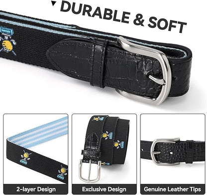 Mile High Life Golf Belts for Men, Canvas Belt with Genuine Leather Tips, Embroidered 2 Layer Web Belt with Pin Buckle