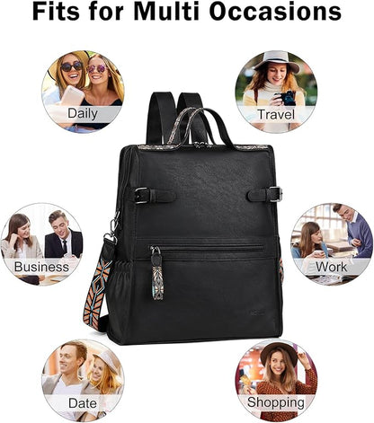 FADEON Leather Laptop Backpack for Women, Designer Ladies Work Travel Computer Backpack with Laptop Compartment Purse Black