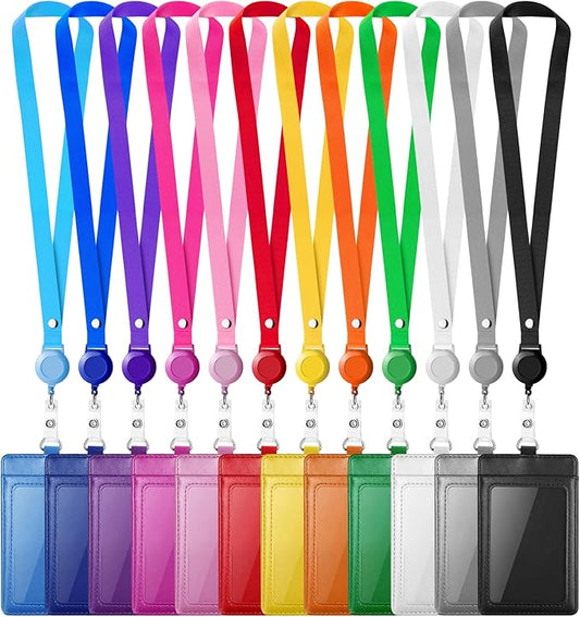 12 Pack ID Badge Holders with Retractable Lanyards Colorful Retractable Lanyards with Vertical Leather ID Badges for Office, School, Travel