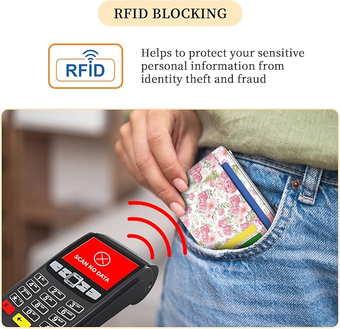 Hancynir Slim Wallet Women Credit Card Holder Rose Flower Floral RFID Blocking Small Cute Card Wallets Mini Front Pocket PU Leather Card Case Thin Travel Zipper Coin Cash Ladies Female Wallet Gifts