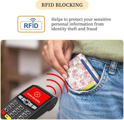 Hancynir Slim Wallet Women Credit Card Holder Rose Flower Floral RFID Blocking Small Cute Card Wallets Mini Front Pocket PU Leather Card Case Thin Travel Zipper Coin Cash Ladies Female Wallet Gifts
