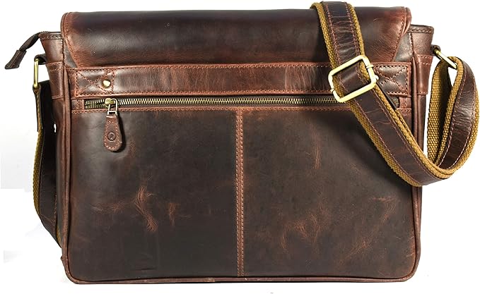 16" Crossbody Bag Leather Laptop Messenger Bag For Men with trolley sleeve for school office (Walnut)