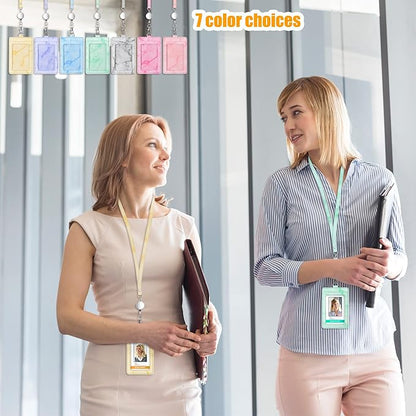 ID Badge Holder with Lanyard Marble Pattern Retractable Badge Holder PU Leather with Clear ID Window 1 Credit Card Case Name Badge Keychain Tags Protector for Women Nurse Teacher Office (Yellow)