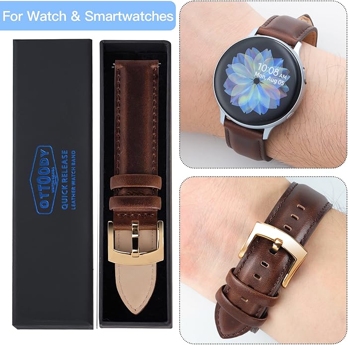 OTTOODY Leather Watch Bands Quick Release, Elegant Top Grain Leather Watch Straps for Men & Women, Choice of Color & Width - 18mm, 19mm, 20mm, 21mm or 22mm Wristbands Bracelet for Watch & Smartwatch