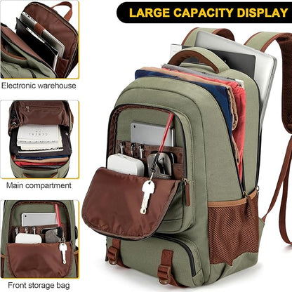 Tzowla Canvas Laptop Backpack, Bag for Men Women,Travel Work Rucksack Fits 17.3 Inch Laptop, Large Capacity Bookbag(Green)