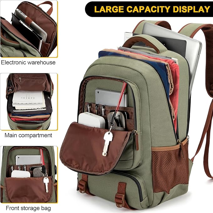 Tzowla Canvas Laptop Backpack, Bag for Men Women,Travel Work Rucksack Fits 15.6 Inch Laptop, Large Capacity Bookbag(Green)