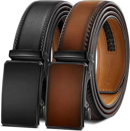 KEMISANT Men Belt 2 Pack, Leather Ratchet Belt Easy Click Slide For Men 1 3/8",Cut for Fit