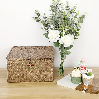 Hipiwe Wicker Shelf Baskets Bin with Lid Handwoven Seagrass Storage Basket Container Square Multipurpose Household Basket Boxes for Shelves and Home Organizer, Coffee Large