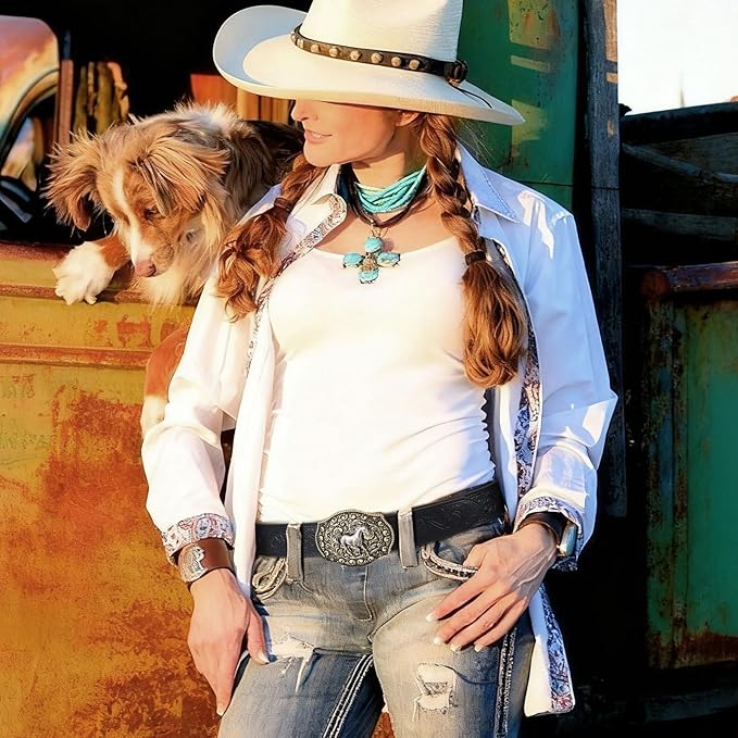 SANSTHS Western Cowboy Ratchet Belts for Men Women Leather Cowboy Belt with Automatic Western Buckle for Jeans Gifts