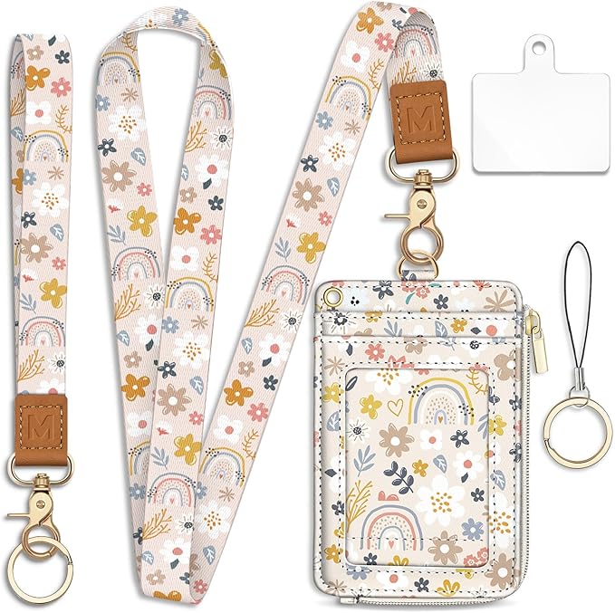 Cute Rainbow Flowers Lanyard Wallet with ID Badge Holder, Small RFID Wallets Women Keychain Wristlet, Slim Credit Card Holder with Zipper Pocket Phone Lanyard Wrist Strap Name Tag Office Teacher Gifts