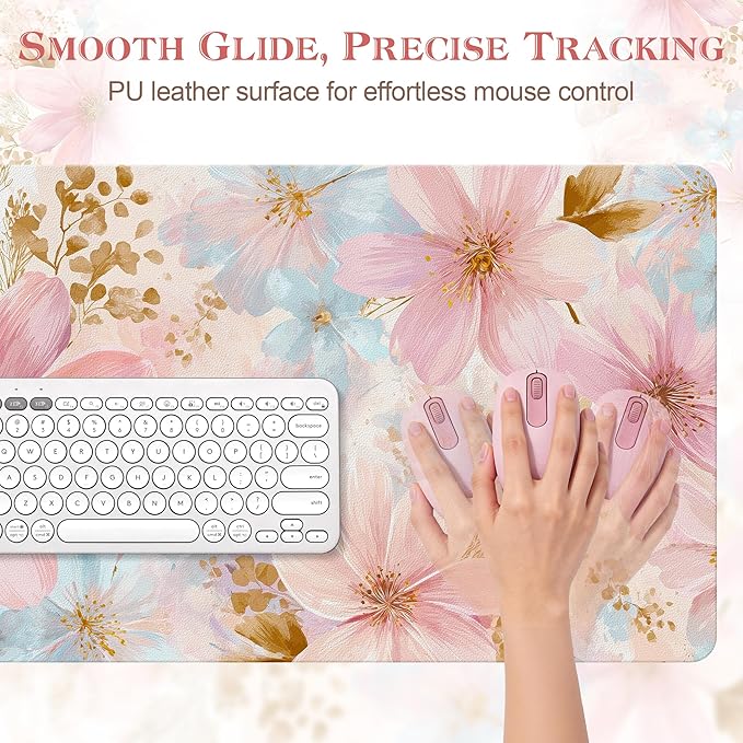 Desk Mat Desk Pad for Keyboard and Mouse, 31.5 x 15.7 in, Pastel Pink Blue Floral Watercolor PU Leather Computer Protector, Non-Slip Base, Waterproof, Easy Clean for Office Gaming, Mouse Pad