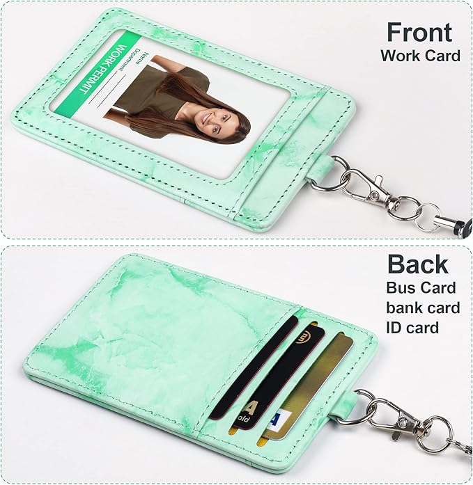 ID Badge Holder with Lanyard Marble Pattern Retractable Badge Holder PU Leather with Clear ID Window 1 Credit Card Case Name Badge Keychain Tags Protector for Women Nurse Teacher Office (Green)