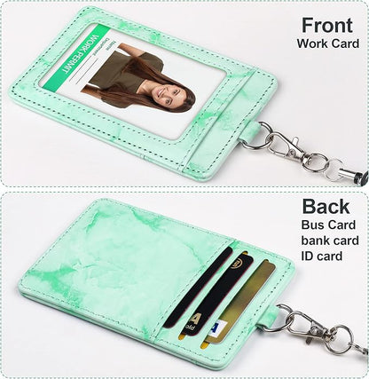 ID Badge Holder with Lanyard Marble Pattern Retractable Badge Holder PU Leather with Clear ID Window 1 Credit Card Case Name Badge Keychain Tags Protector for Women Nurse Teacher Office (Green)