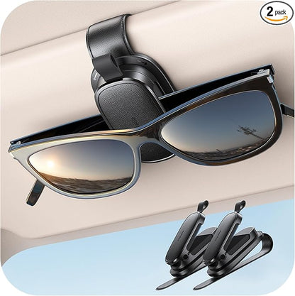Chfeila 2Pack Sunglass Holder for Car, 360° Rotating & One-Hand Operation Magnetic Glasses Clip, Leather Sun Eyeglass Visor Organizer, Scratch-Free Eyewear Hanger for Car Accessories Gadgets - Black