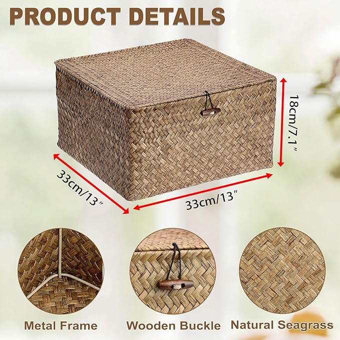 Hipiwe Handwoven Basket Container Seagrass Storage Box Wicker Bin for Fruits Snacks Clothes Books Towels Home Organizer with Lid, Coffee, XX-Large