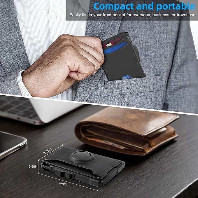 umoven Wallet for Men with AirTag(iOS Only), Mens Metal Wallet Minimalist with Money Clip & ID Window, Slim Leather Slots RFID Blocking Bifold Wallet,Smart Pop Up Credit Card Holder Wallet (Black)
