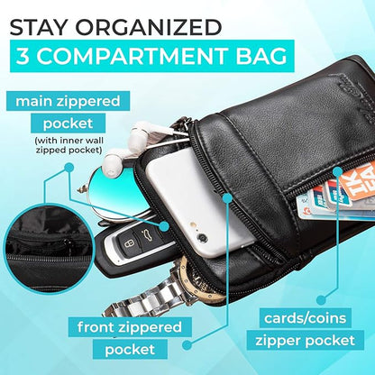 hengwin Small Leather Crossbody Shoulder Bag Men Belt Clip Phone Holster Case Belt Loop Pouch Waist Bag Pack Fit for iPhone 17/16/15/14/13 Pro Max Galaxy Note 9 8 S25/S24/S23 Ultra (Black)