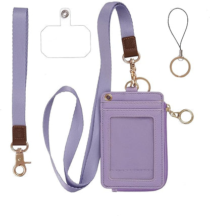 MONDO DESIGNS 2-in-1 ID Badge Holder & Lanyard Wallet - Multi-Use Womens Small Wallet with Removable Wristlet & Neck Lanyard, Clear Window, 5 Card Slots, Phone Holder, Ring Keychain - Purple