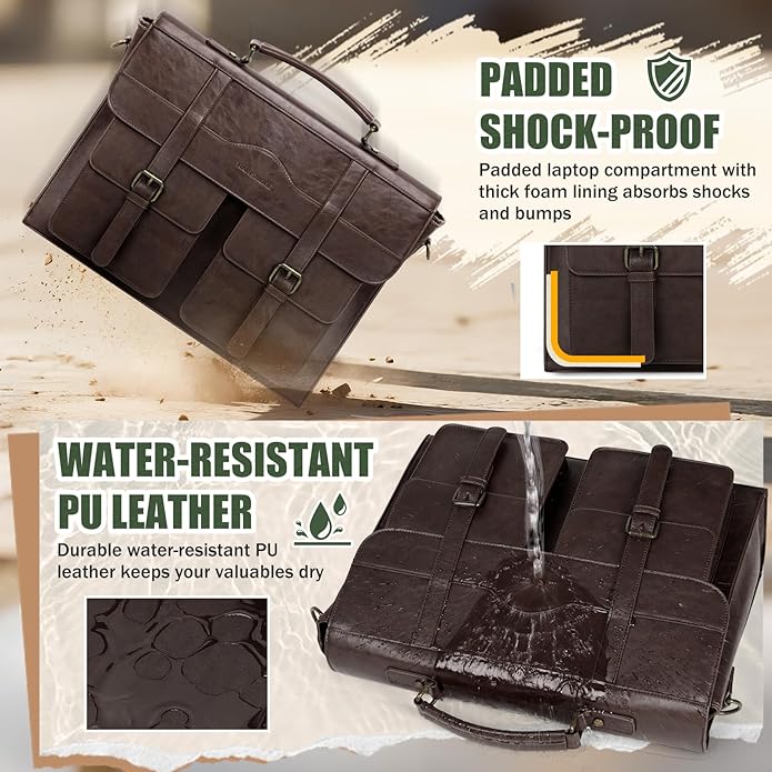 RAINSMORE Mens Messenger Bag 17 Inch Vintage Leather Laptop Briefcase Magnetic Closure Large Satchel Computer Shoulder Bag