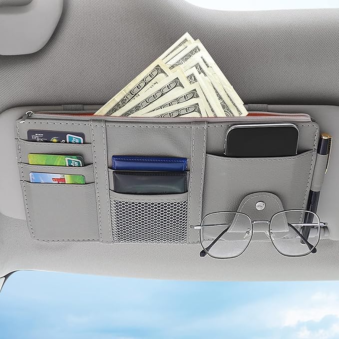 2 Packs Gray Car Sun Visor Organizer, Sunglasses Holders for Car Sun Visor, PU Leather, Auto Interior Accessories Storage Travel Document Holder with Multi Pocket