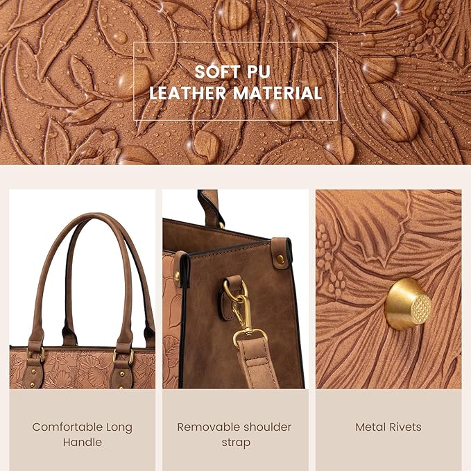 LOVEVOOK Laptop Tote Bag for Women, 15.6 Inch Large Capacity Vintage Leather Work Computer Bag, Business Casual Shoulder Handbag, Brown Embossed