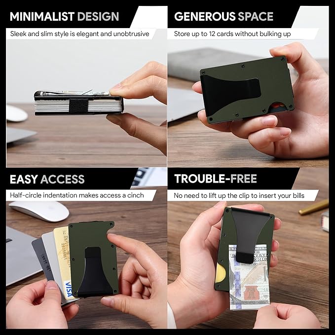 Minimalist Slim Wallet for Men,RFID Blocking Metal Wallet,Aluminum Credit Card Holder & Money Clip 12-15 Cards,Slim Rfid Front Pocket Mens Wallet,Matt Green