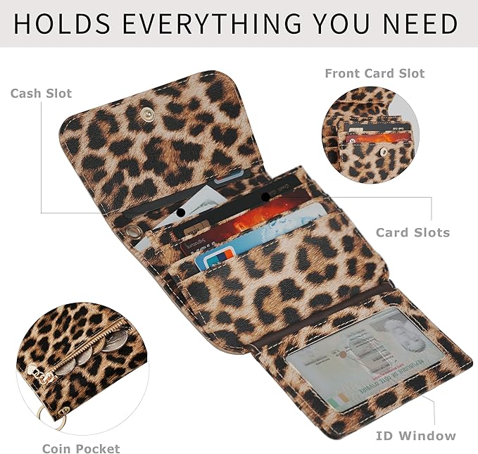 Women Small Wallet RFID Blocking Slim Wallet with Coin Pocket Tri-Fold Credit Card Holder with ID Window and Keychain (Leopard)